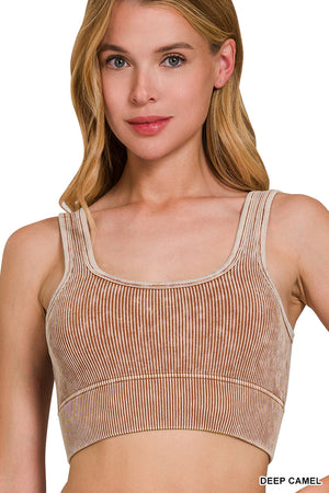 Ribbed Square Neck Mineral Washed Bralette Crop Top with pads by Zenana 6317