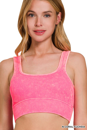 Ribbed Square Neck Mineral Washed Bralette Crop Top with pads by Zenana 6317