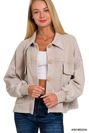 Acid Wash Fleece Cropped Shacket with Front Pockets by Zenana