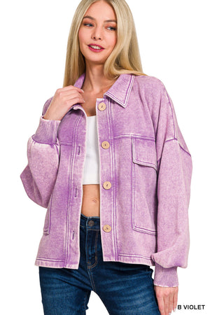Acid Wash Fleece Cropped Shacket with Front Pockets by Zenana