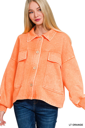 Acid Wash Fleece Cropped Shacket with Front Pockets by Zenana