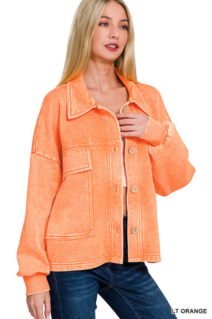 Acid Wash Fleece Cropped Shacket with Front Pockets by Zenana