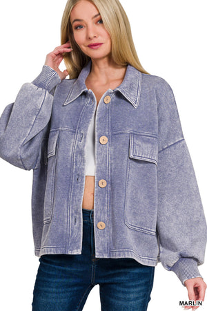 Acid Wash Fleece Cropped Shacket with Front Pockets by Zenana
