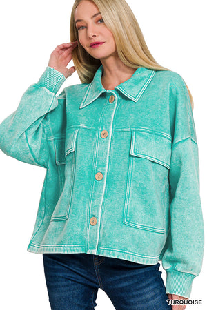 Acid Wash Fleece Cropped Shacket with Front Pockets by Zenana