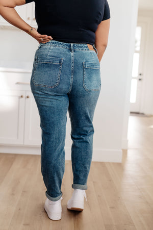 Judy Blue High Rise Drawstring Denim Joggers in Medium Wash
