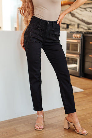 Judy Blue High Waist Rhinestone Slim Fit Jeans in Black