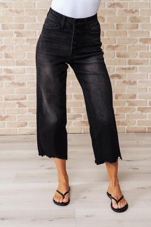 Judy Blue High Waist Button Fly Wide Leg Black Crop Jeans