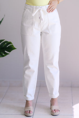 Judy Blue High Waist Drawstring Jogger Jeans in Ecru