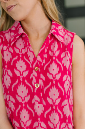 Sea Spray Collared Sleeveless Top in Floral Ikat by Dear Scarlett