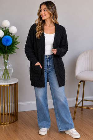 Stay With Me Cozy Popcorn Cardigan in Black