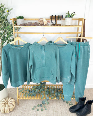 Lace Accent Vintage Wash Pullover - Teal by Michelle Mae