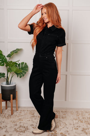 Judy Blue Short Sleeve Tummy Control Denim Jumpsuit Black