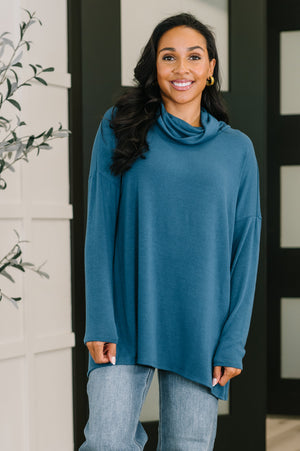 Travel Destination Cowl Neck Pullover in Dark Teal by Dear Scarlett