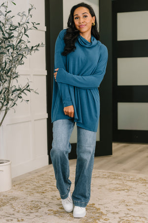 Travel Destination Cowl Neck Pullover in Dark Teal by Dear Scarlett