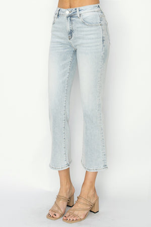 RISEN Mid Rise Non Distressed Cropped Flare Jeans in Light Wash