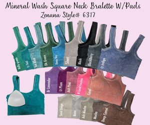 Ribbed Square Neck Mineral Washed Bralette Crop Top with pads by Zenana 6317