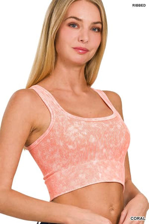 Ribbed Cropped Square Neck Mineral Washed Bralette by Zenana 6138