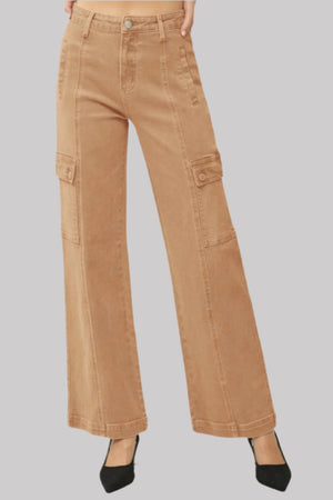 RISEN High Rise Wide Leg Cargo Jeans Cocoa