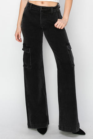 Risen High Waist Wide Leg Cargo Jeans Black