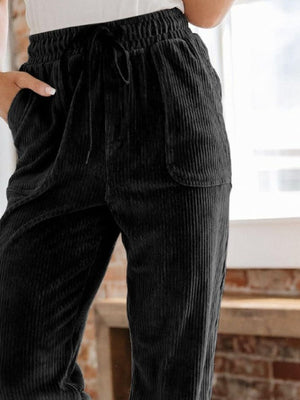Corduroy Drawstring Pull On Pants with Patch Pockets - 4 colors