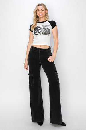 Risen High Waist Wide Leg Cargo Jeans Black