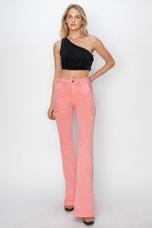RISEN High Rise Side Slit Cargo Bootcut Jeans Flamingo