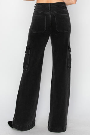 Risen High Waist Wide Leg Cargo Jeans Black
