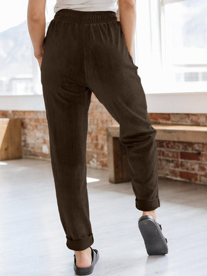 Corduroy Drawstring Pull On Pants with Patch Pockets - 4 colors