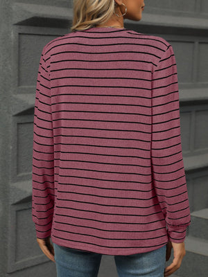 Striped Notched V Neck Long Sleeve Top - 5 colors