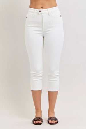 Judy Blue High Waist Tummy Control Spade Pockets White Denim Capri