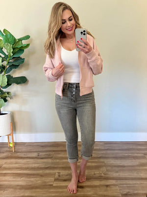 Judy Blue High Waist Button Fly Cuffed Capris in Gray