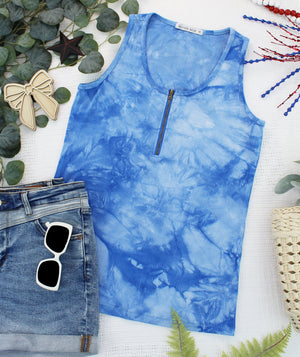 Mila Zipper Tank - Blue Tie Dye by Michelle Mae