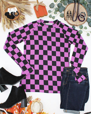 Blair Long Sleeve Top - Black and Purple Checkers by Michelle Mae