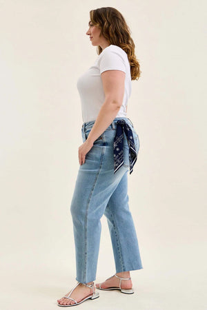 Judy Blue Mid Rise Ankle Straight w/ Bandana Loop Raw Hem Jeans