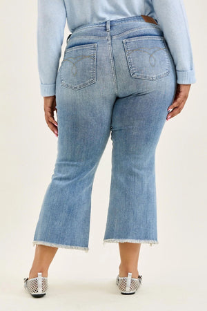 Judy Blue Mid Rise Kick Flare Jeans with Frayed Hem