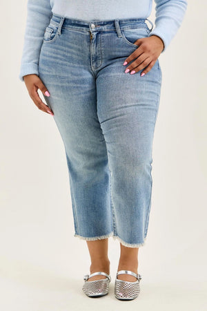 Judy Blue Mid Rise Kick Flare Jeans with Frayed Hem