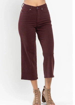 Judy Blue High Waist Tummy Control Wide Leg Crop Jeans in Burgundy