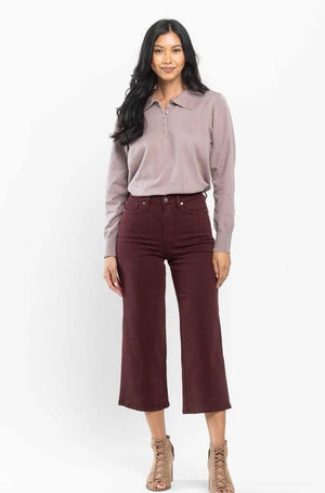 Judy Blue High Waist Tummy Control Wide Leg Crop Jeans in Burgundy