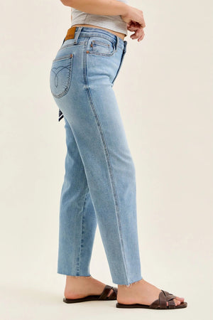 Judy Blue Mid Rise Ankle Straight w/ Bandana Loop Raw Hem Jeans