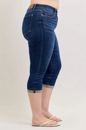 Judy Blue High Waist Dark Denim Capri with Cuff Jeans