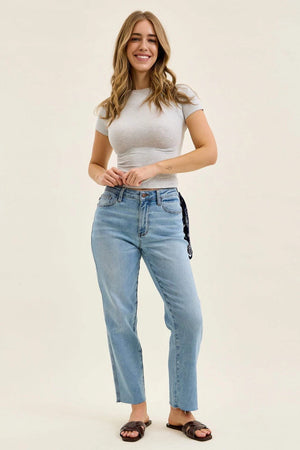 Judy Blue Mid Rise Ankle Straight w/ Bandana Loop Raw Hem Jeans
