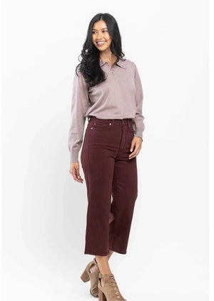 Judy Blue High Waist Tummy Control Wide Leg Crop Jeans in Burgundy