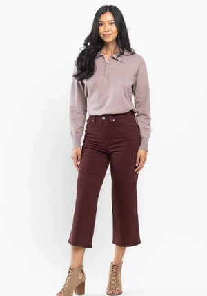 Judy Blue High Waist Tummy Control Wide Leg Crop Jeans in Burgundy