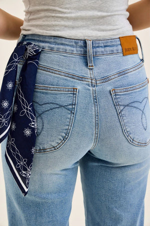 Judy Blue Mid Rise Ankle Straight w/ Bandana Loop Raw Hem Jeans