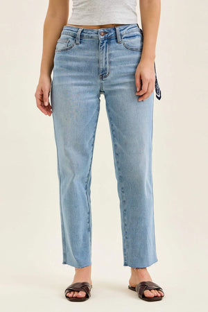 Judy Blue Mid Rise Ankle Straight w/ Bandana Loop Raw Hem Jeans