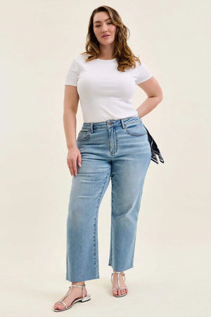 Judy Blue Mid Rise Ankle Straight w/ Bandana Loop Raw Hem Jeans