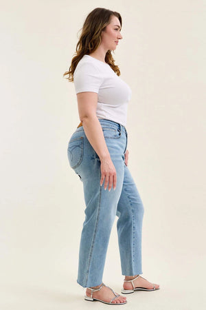 Judy Blue Mid Rise Ankle Straight w/ Bandana Loop Raw Hem Jeans