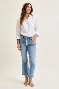 Judy Blue Mid Rise Metallic Foiled Seam Kick Flare Denim Jeans