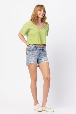 Judy Blue Mid Rise Rainbow Paint Splash Cutoff Destroyed Shorts