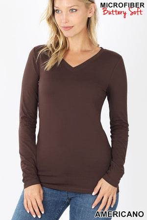Buttery Soft Long Sleeve V Neck Stretch fitted T - Asst colors by Zenana